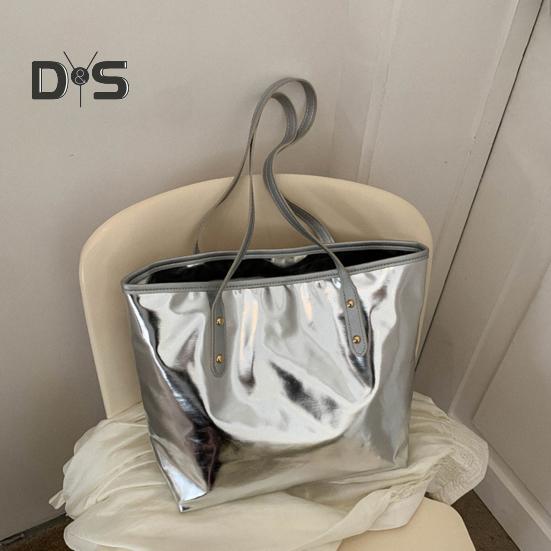 Women Tote Bag Faux Leather Solid Color Shoulder Bag Glossy Casual Armpit Handbag for Phone Keys Cards Work Travel Parties