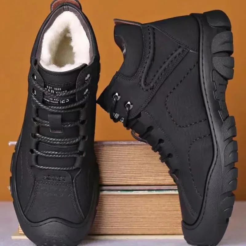 Men's Outdoor Snow Boots Lace-up Cotton Shoes Winter Mens Boots Plush Casual High-top Leather Shoes Male Sneakers New Bota