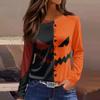 Women's Halloween Print Long Sleeve Top with Round Neck and Hem Slit for Casual Party Wear