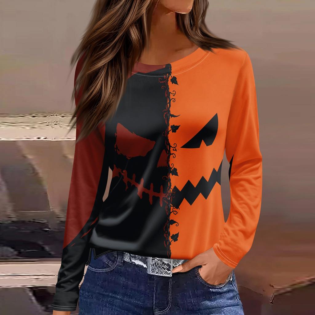 Women's Halloween Print Long Sleeve Top with Round Neck and Hem Slit for Casual Party Wear