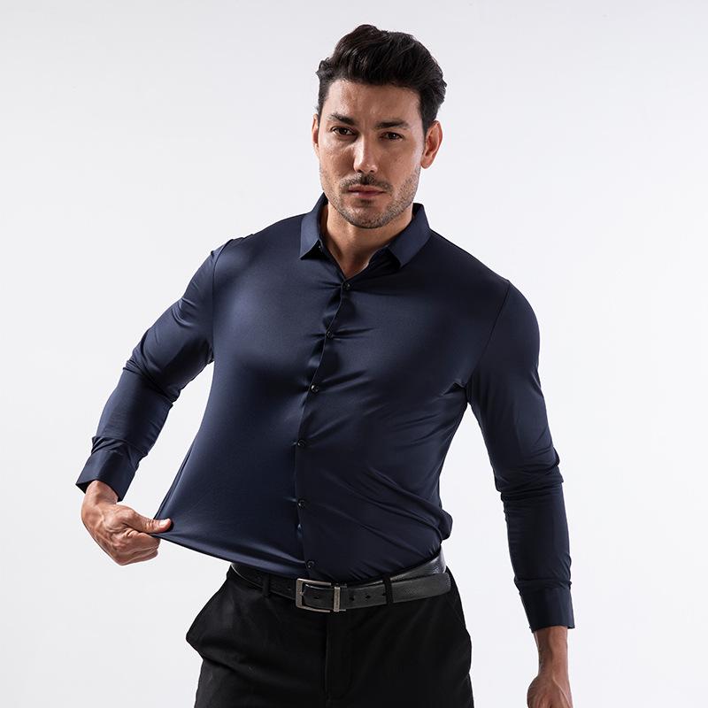 Men S Long Sleeve Stretch Solid Color Business Casual Shirt