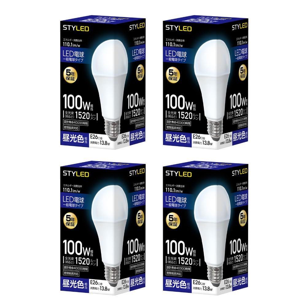 

Styled LED Bulbs, Set of 4, Standard Bulb Type, 26mm Base Diameter, 100W Equivalent, Daylight White, Wide Beam Spread, Compatible with Sealed