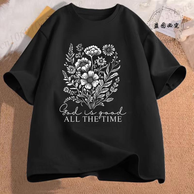 Unisex Casual Summer TShirts Cross God Is Good All The Time Graphic Printed Short Sleeve TShirt Christian Jesus Quote Tees Tops