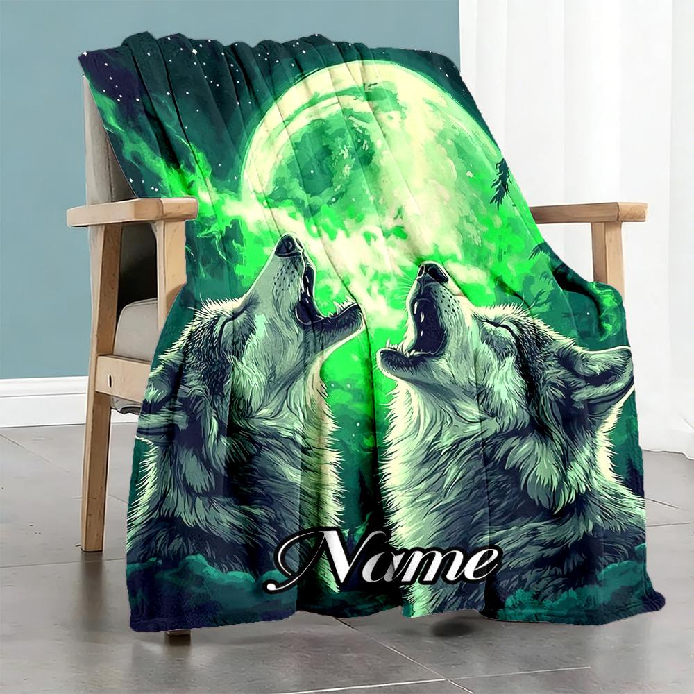 Wolf Green Moon Customize Text Blanket Gift Personalized Blanket Ultra-Soft Suitable for Home Decor Sofa Picnics Couch Ideal for All Seasons