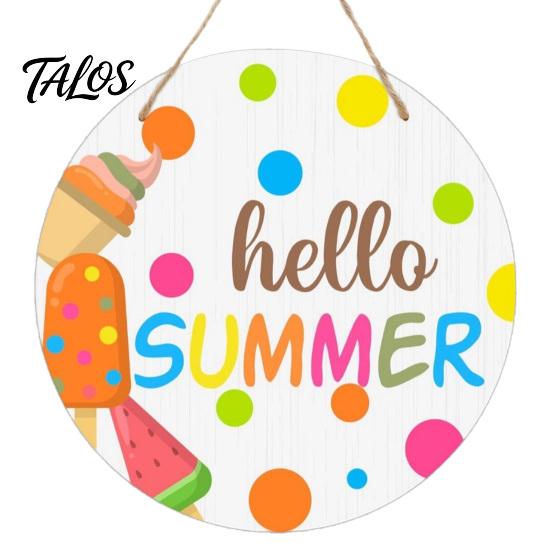 Beach House Accessories Hello Summer Door Sign, Ice Pop Flip Flop Welcome Hanger, Outdoor Patio Decor Farmhouse Hanging Wooden Wreath for Front
