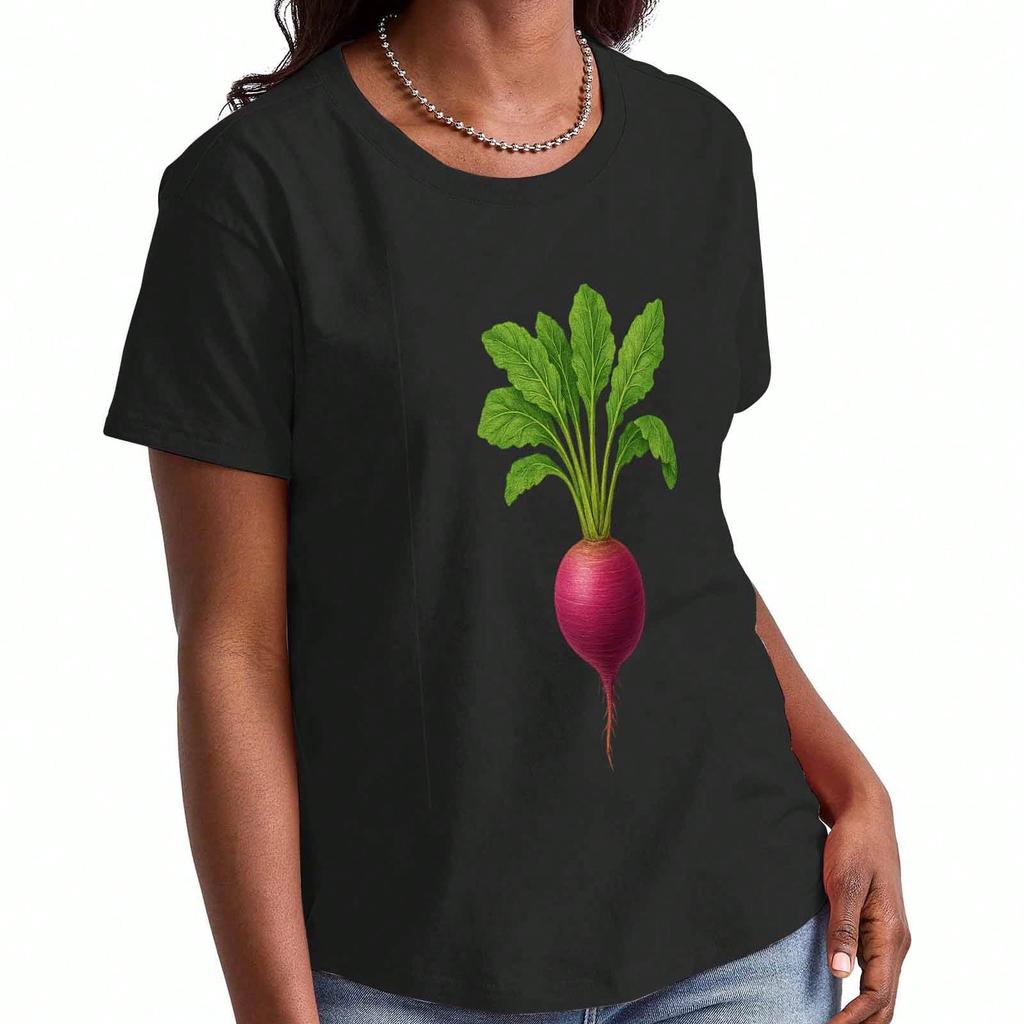 Radish Ladies Cotton T Shirt, Pure Cotton Premium Print, Durable, Casual Fashion. Vintage Radish Vegetable Illustration Graphic Tee, Ideal For Gardene