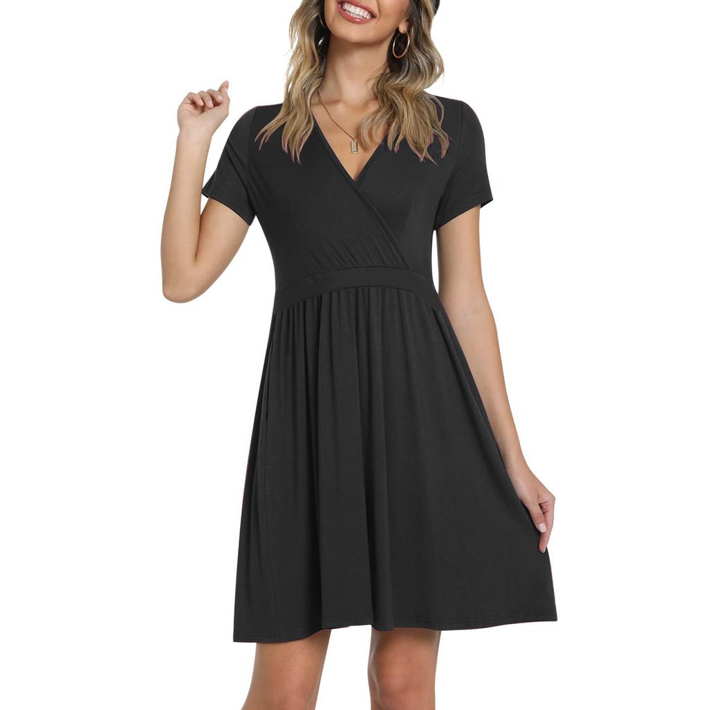Women's Casual Fasion Solid Color Cross V-neck Short-sleeve Waist A-line Big Swing Dress