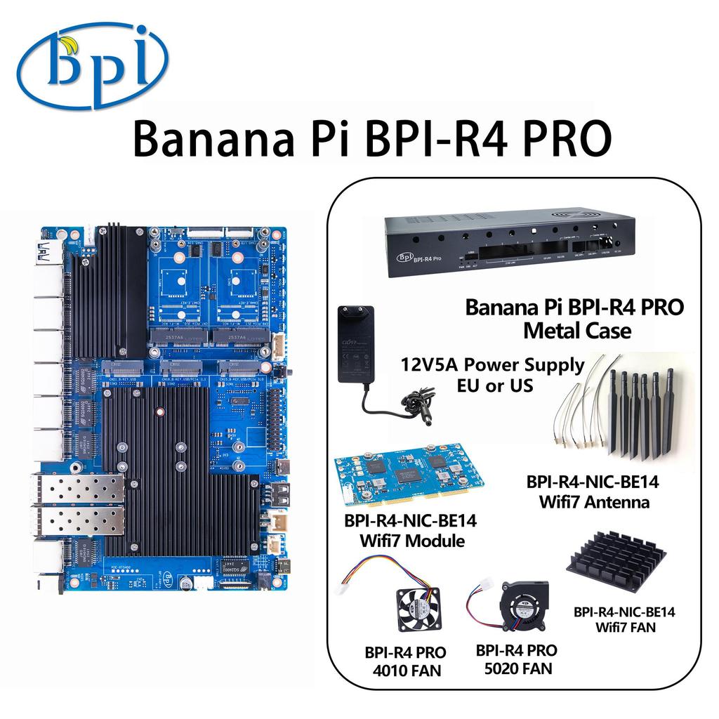 Banana Pi BPI-R4 PRO MediaTek MT7988A (Filogic 880) Quad-core Arm Corex-A7 8GB DDR4 8GB eMMC Wifi7 Router Board Home Automation