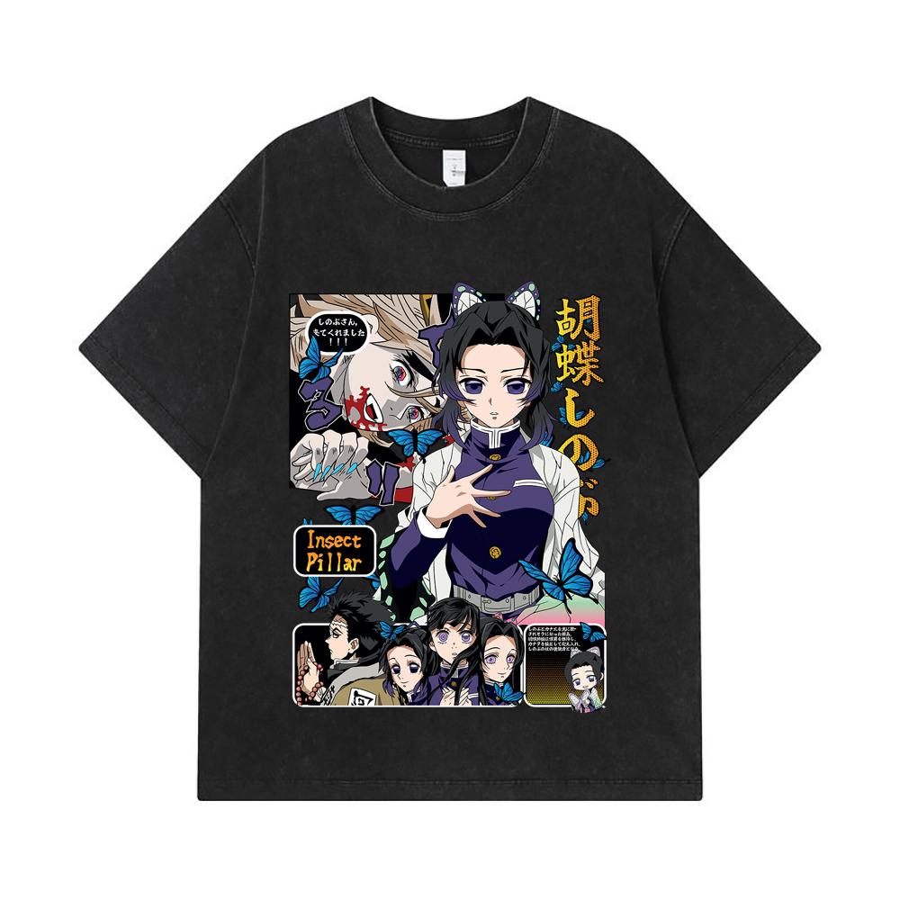 275 GSM Washed T-shirts 100% Cotton Demon Slayer V16 Shinobu Print Unisex Heavy Cotton T Shirt