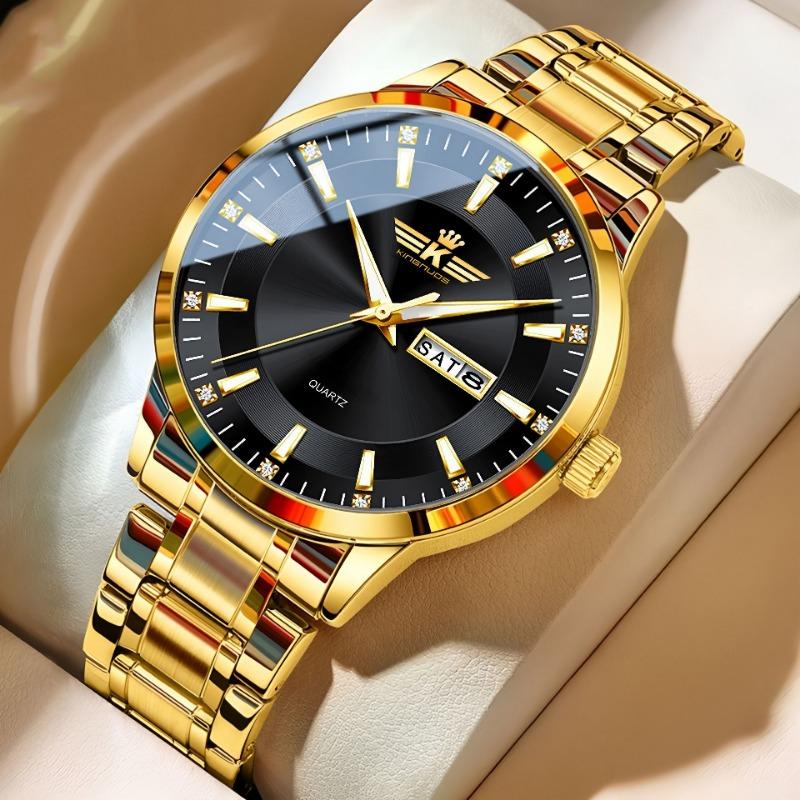 Top Brand New Men's Steel Band Waterproof Quartz Double Calendar Watch Luminous Scale Cross-Business Wristwatch