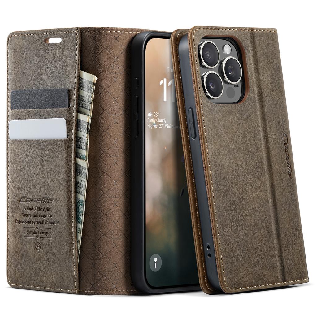 For iPhone 13 Pro Max 6.7 inch Case CASEME 033 Series RFID Blocking Wallet Stand Calf Texture Leather Phone Cover