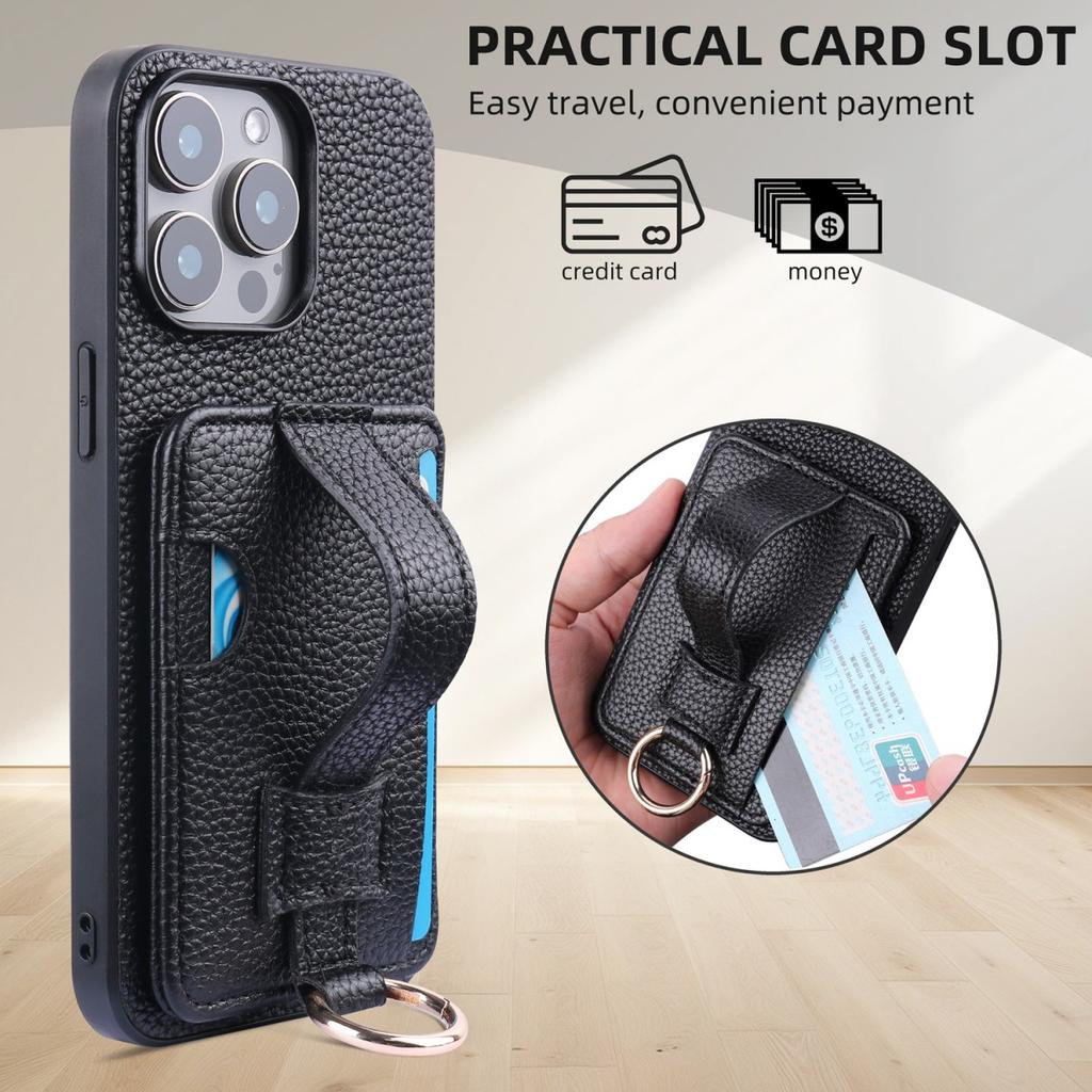 High End TPU+PU Leather Black Case for iPhone 11 13 12 14 15 16e Pro Max Fashion Wrist Strap Ring Grip Card Holder Wallet Sleeve