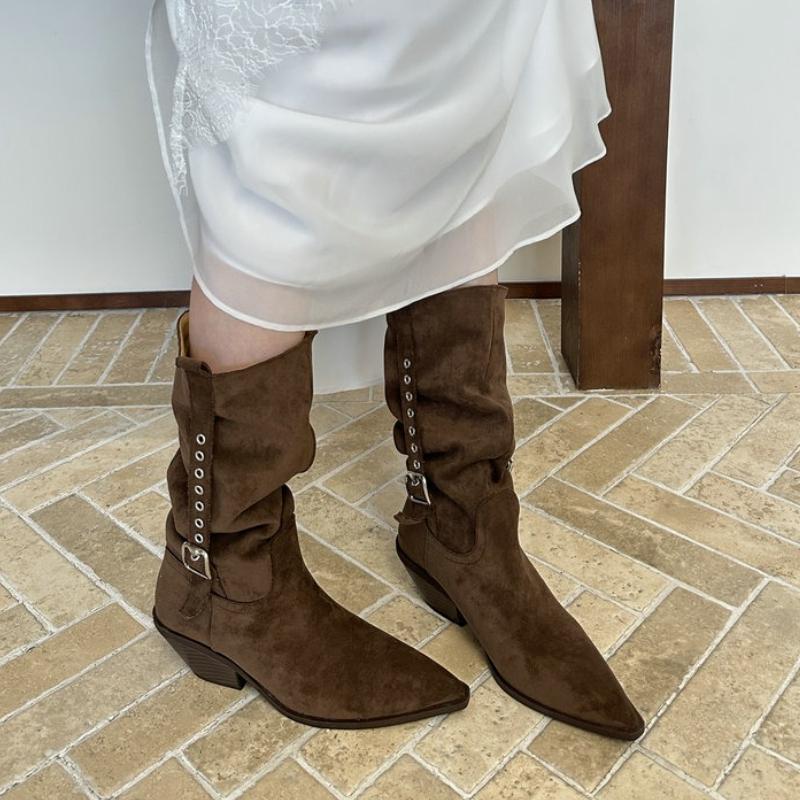 2026 New Autumn Pointed Toe Women Western Cowboy Boots Fashion Banquet Party Square Heels Knight Booties Shoes