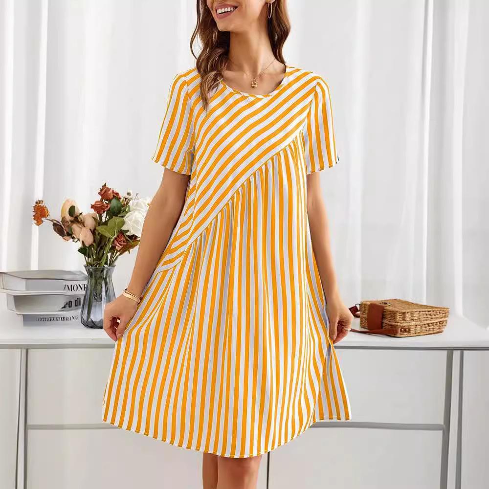 

2024 European & American Asymmetrical Striped Short-Sleeve Dress 4XL