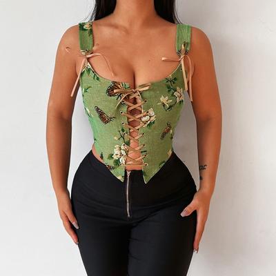 Women Club Vest Lace Up Flower Print Sleeveless Embroidery Square Neck Clubwear Low-cut Vintage Women Crop Top Female Clothes