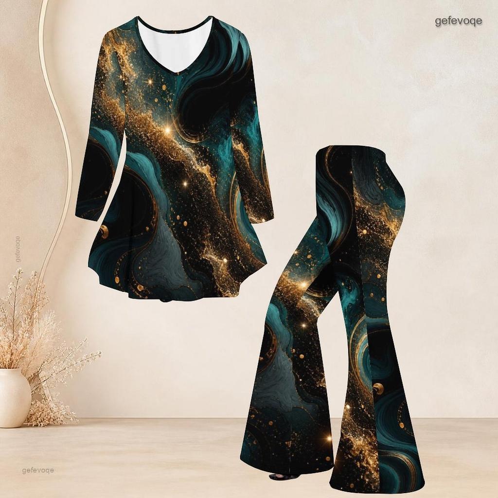 Women Plus Size Printed V Neck Three Quarter Sleeve Flared Top Flared Pants Two Piece Set
