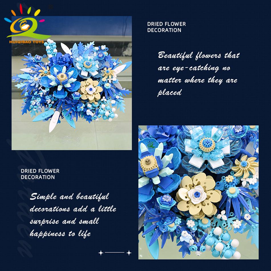 Non-Toxic 917Pcs Moc Blue Flower Model Building Blocks 3D Flores Bouquet Potted Plants Bricks Kits Children Diy Toy Home Decor