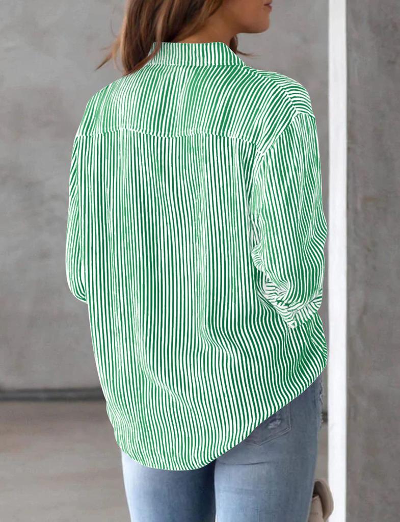 Women's Striped Long Sleeve Collared Button-Down Shirt with Pocket