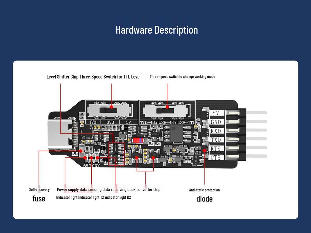 Type-C USB to TTL RS485 Serial Port Module with CH340 Microcontroller Programming Cable