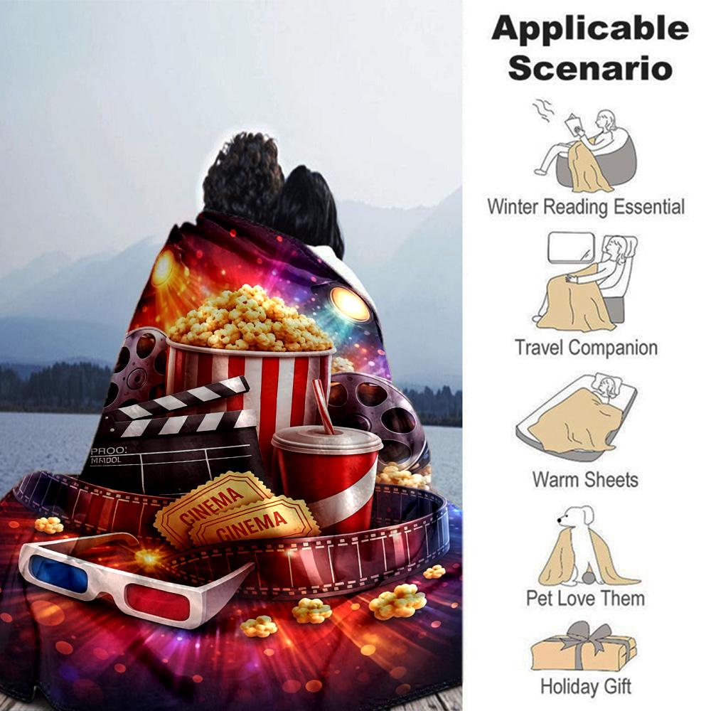 Movie Night Popcorn Film Reel Ticket Print Flannel Blanket Soft Warm Throw Blanket Cinema Home Decor for Sofa Bedroom Travel