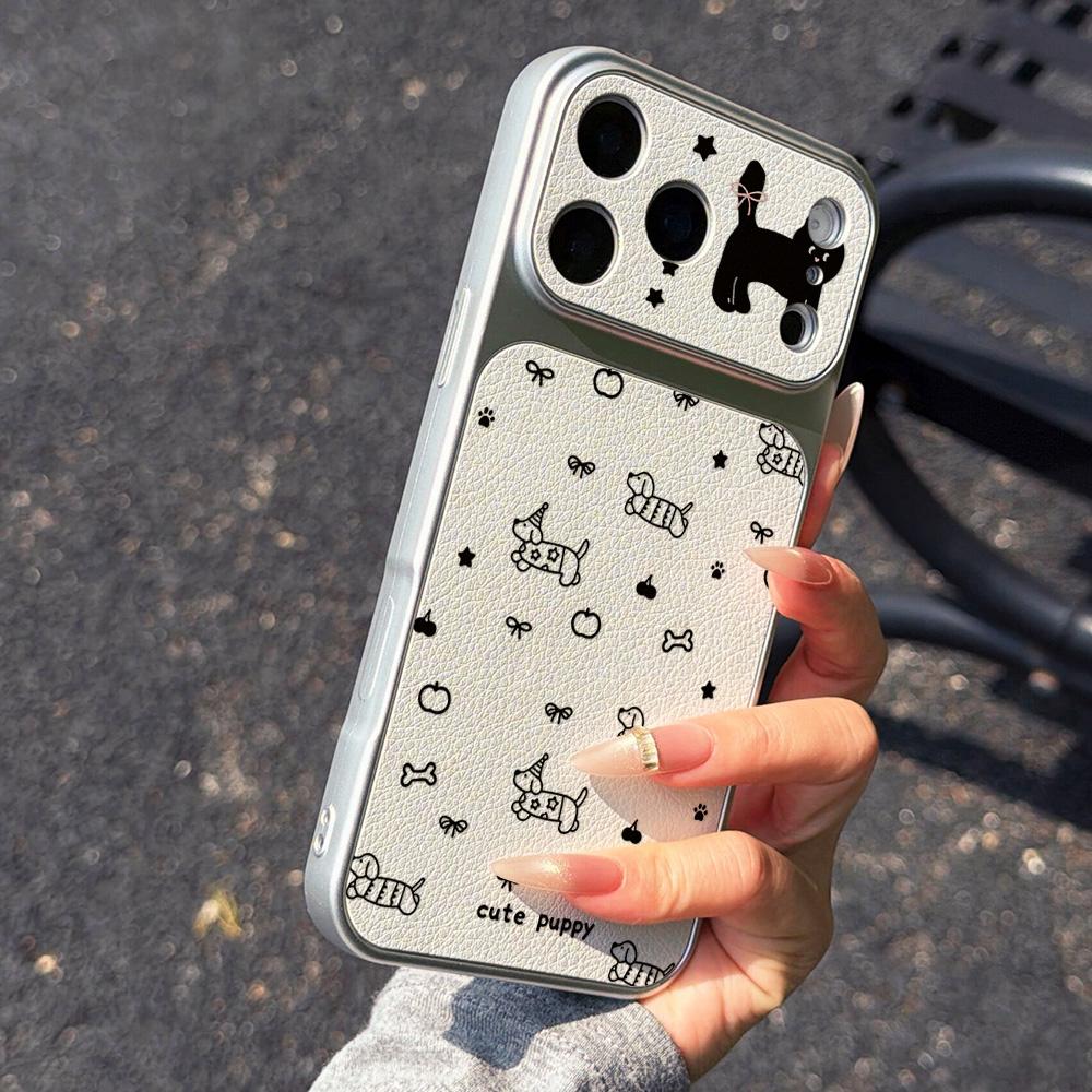 Leather Texture Luxury Phone Case For iPhone 17 Pro Max 16 13 14 15 Pro Max 12 11 Cute Cartoon Puppy Soft Silicone Lanyard Cover