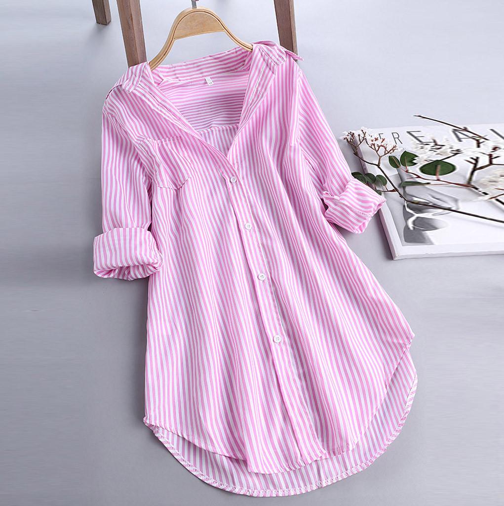 Women's Striped Shirt with Long Sleeves and Turn Down Collar with Buttons Loose Top Shirt Blouse