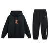 Li Ning Loose Fit American Letter Print Hooded Pullover Long Sleeve Sweatpants Set Men Activewear Black AWDU049-2+YKLU208-1