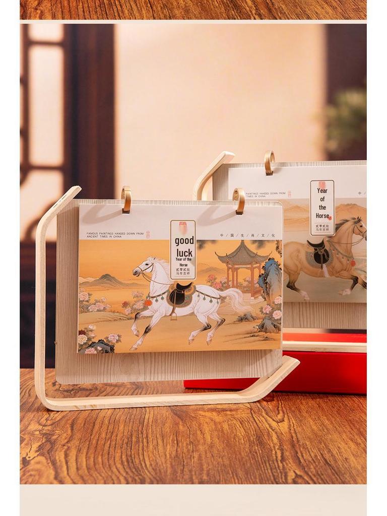 Luxus Holz Schreibtischkalender Geschenkset: Anpassbares Jahr des Pferdes 2026 mit Logo für Kunden