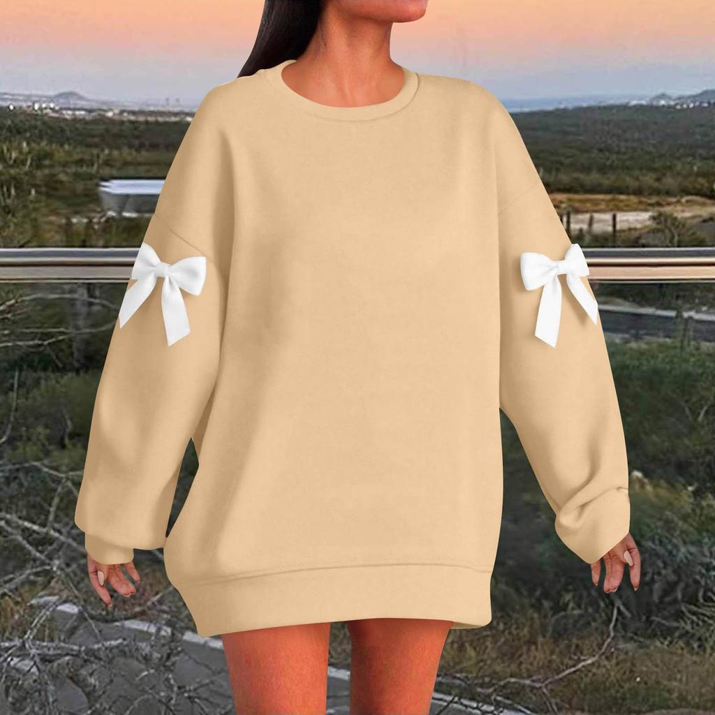Women's Solid Color Bow Round Neck Long Sleeved Loose Pullover Sweater Sweatshirt