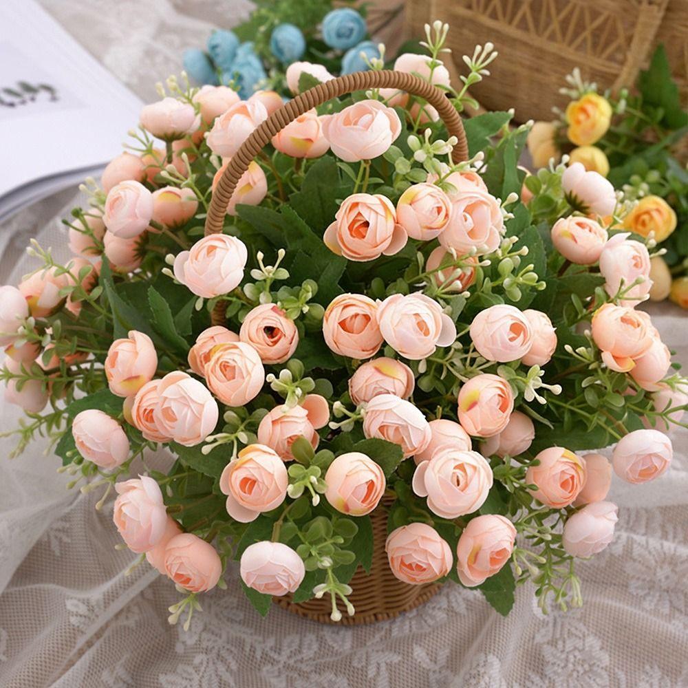 15 Heads Tea Rose Artificial Flower Green Leaves Multicolor Simulation Rose Flower Silk Petals Floral Arrangement Faux Flower