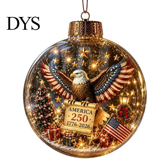 Reusable Party Ornaments 250th Anniversary USA Christmas Ornament, Light Up Plastic Clear Ball Hanging Decoration with Garden Wall Bell Train