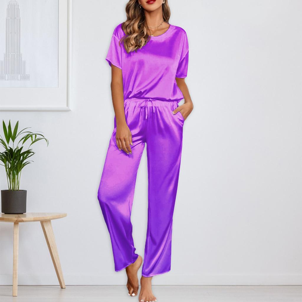Women's Silk Solid Color Pajama Set Short Sleeve Shirt And Long Pajama Pants Set Soft Pajamas Loungewear