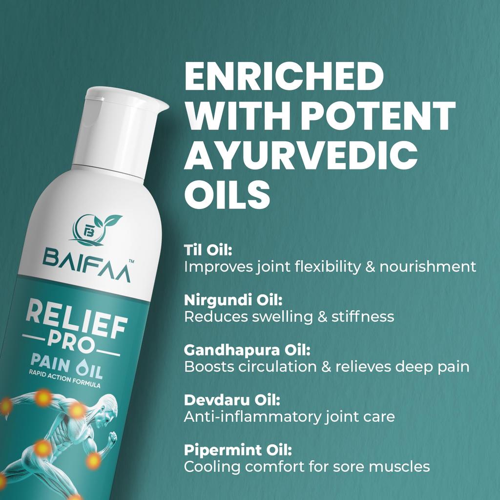 Baifaa Relief Pro Pain Oil | Fast Action Ayurvedic Pain Relief Oil for Joint, Muscle & Back Pain | Natural Herbal Formula | 50 Ml
