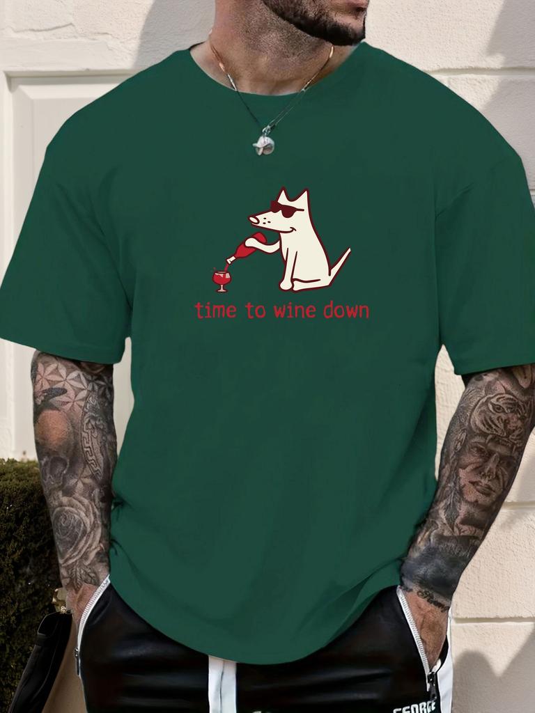 2025 New Hot Mens Summer Short Sleeve TShirt with Funny Dog Pouring Wine Time to Wine Down Print Casual Soft Cotton Tee