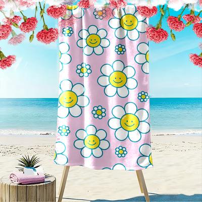 Smiley Daisy Pattern Towel, Pink Background Beach Towel Quick-drying for Travel Outdoor Sports Jogging Beach and Swimming