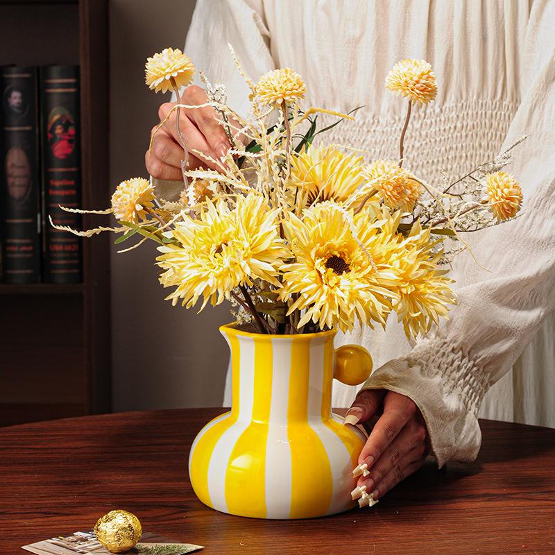 Ceramic Stripes Vase Flower Arrangement Chinese Retro Decoration Porcelain Bottle Flower Vase Home Decoration Accessories
