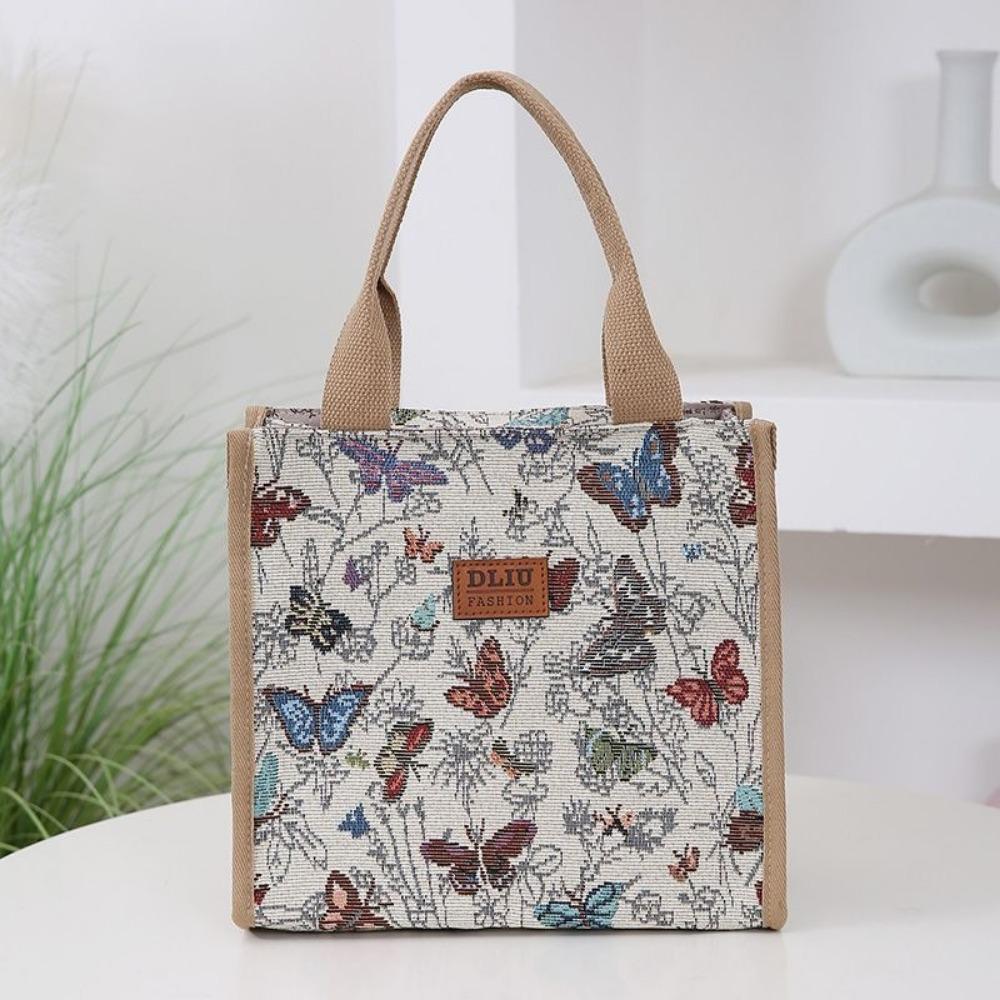 Fashion Canvas Lunch Bag Butterfly Print Waterproof Thermal Insulation Bag Large Capacity Tote Bag for Women
