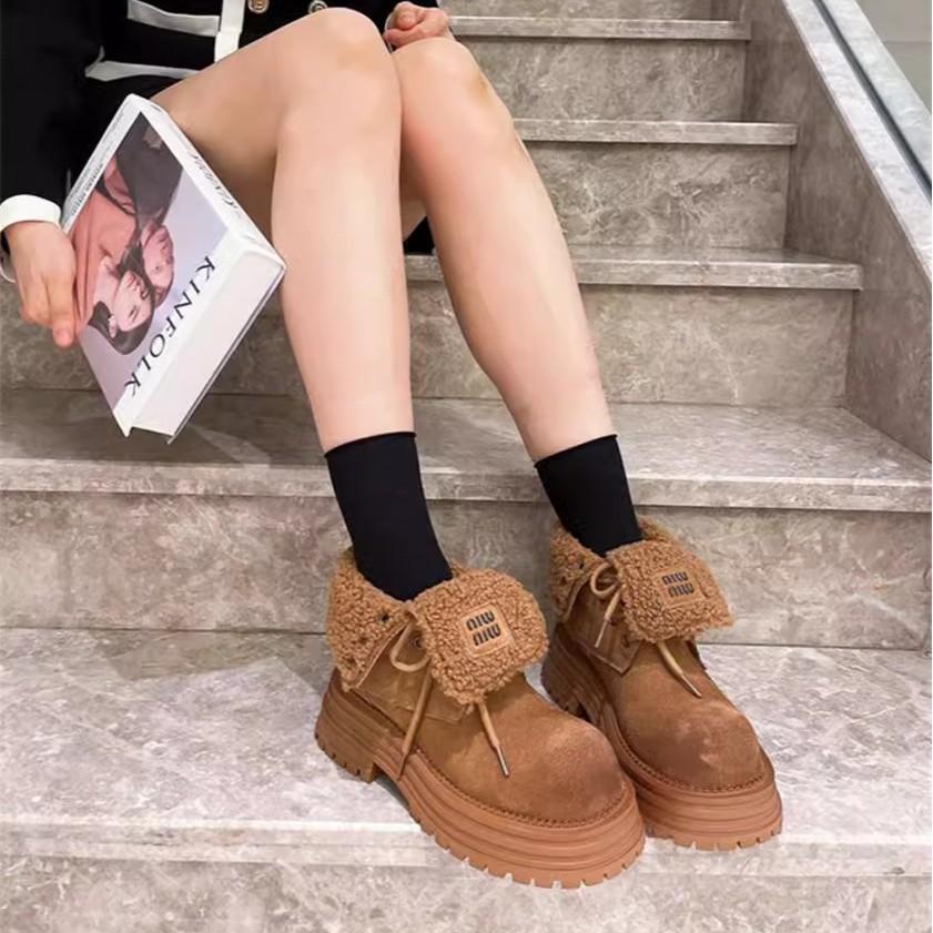 Martin Boots Women's Matte Leather Fur Shoes Two Wear Flip Yellow Boots Velvet Snow Cotton Boots Tooling Locomotive Boots Short Boots