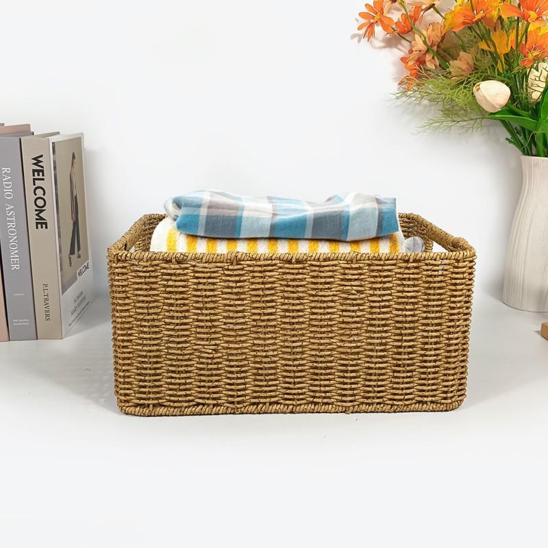Woven Desktop Storage Basket With Dual Handles Fruit Snacks Cosmetics Toys Kitchen Organization Ins Style