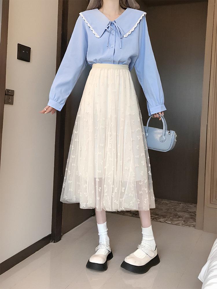 Clearance: Women's High-Waisted A-Line Mid-Length Gauze Skirt with Double-Layer Mesh