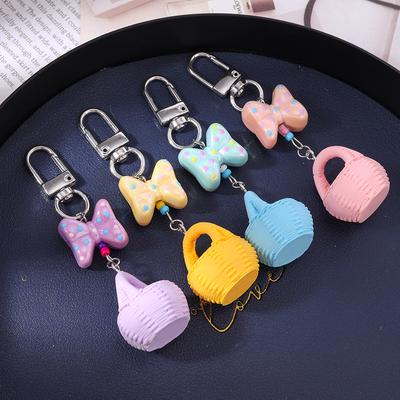 Pretty 3D Simulation Basket Keychain Bowknot Key Ring for Women Girls Handbag Pendants DIY Key Chain Jewelry Gifts