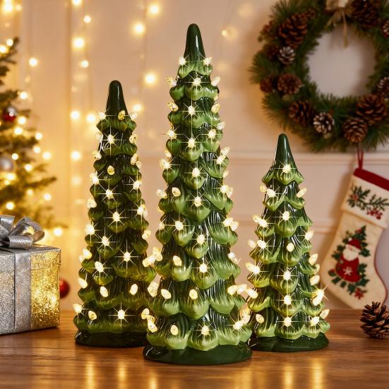 Pre-lit Hand-Painted Resin Tabletop Christmas Tree Small Light Up Holiday Tree Decoration for Home Party Decor