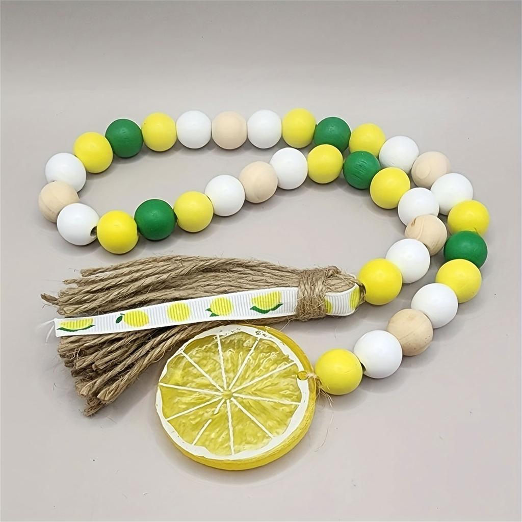 Lemon Wood Beaded Garland with Rustic Tassels Lemon Farmhouse Rustic Beads Summer Country Style Home Tiered Tray Decor