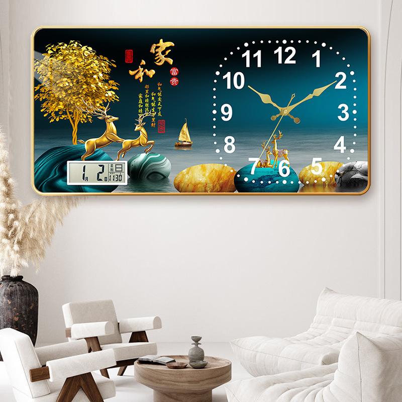 Creative Rectangular Wall Clock Living Room Crystal Porcelain Painting Wall Quartz Clock Silent Home with Calendar Silent Restaurant Clock