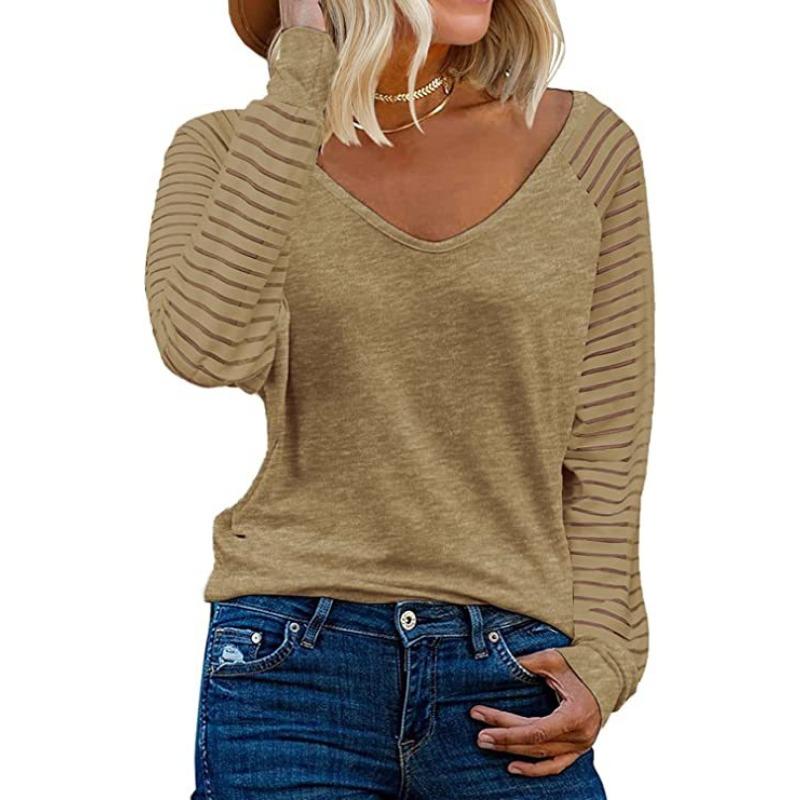 GMXIA Kadın Modası Günlük Düz Renk Baskılı Uzun Kollu V Yaka Bluzlar & Gömlekler