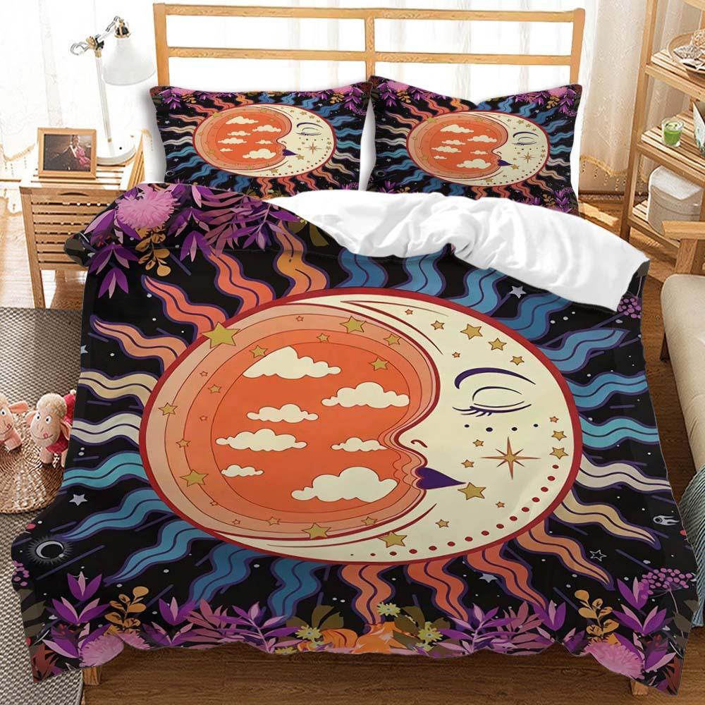 Three-Piece Sun And Moon Quilt Cover Digital Printing Bedding Kit Simple Style
