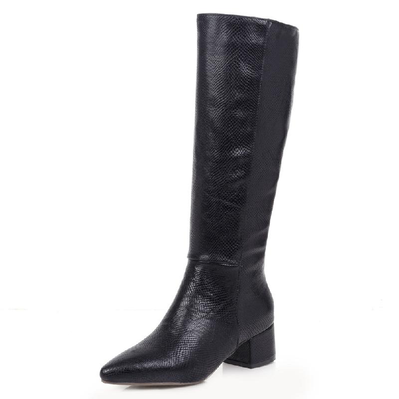 Western Cowboy High Boots for Women Winter Knee High Boots Snake Leather Pointed Low Heels Casual Long Shoes Female Large Size