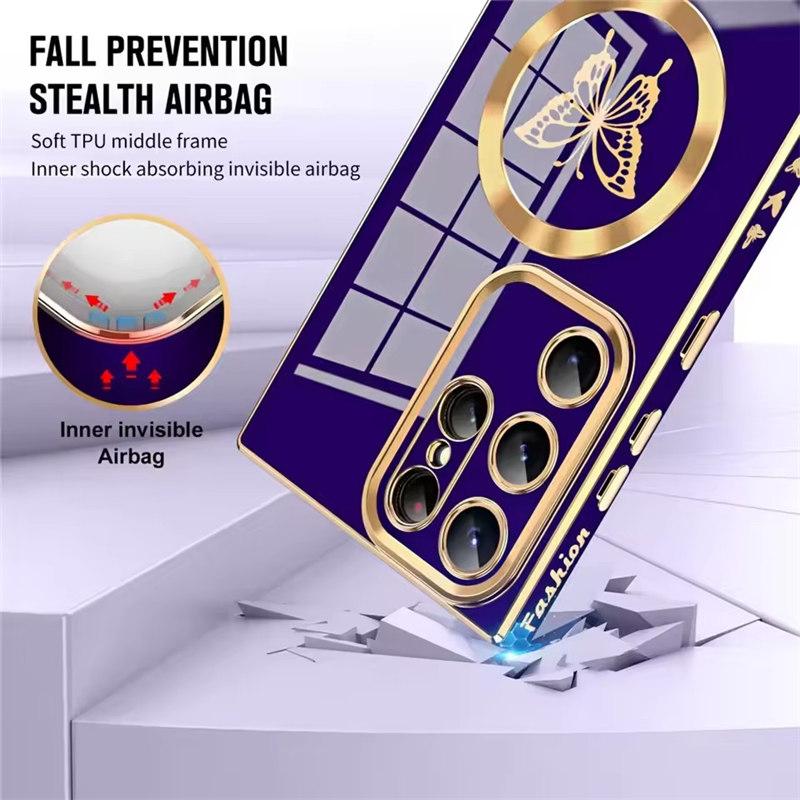 Electroplate Magnetic Butterfly Case For Samsung S25 S24 S23 Ultra S22 S21 Plus For Magsafe Wireless Charging Silicone Cover