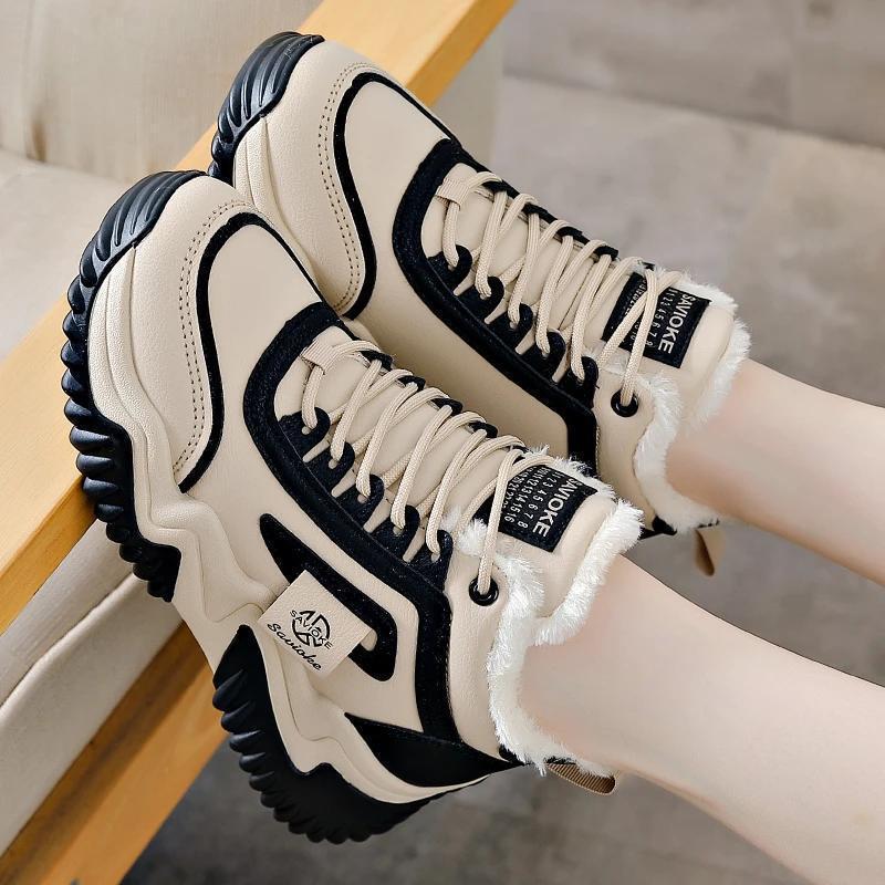 Thickened Warm Cotton Shoes Thick Sole Heightening Sports Dad Shoes Warm Winter Velvet High-top Shoes