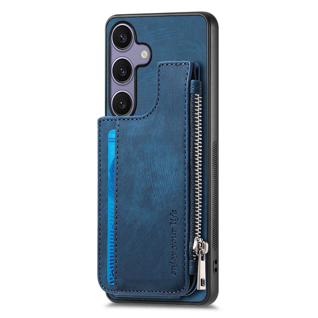 For Samsung Galaxy S25+ Case Zipper Card Holder Kickstand Leather+PC+TPU Phone Cover